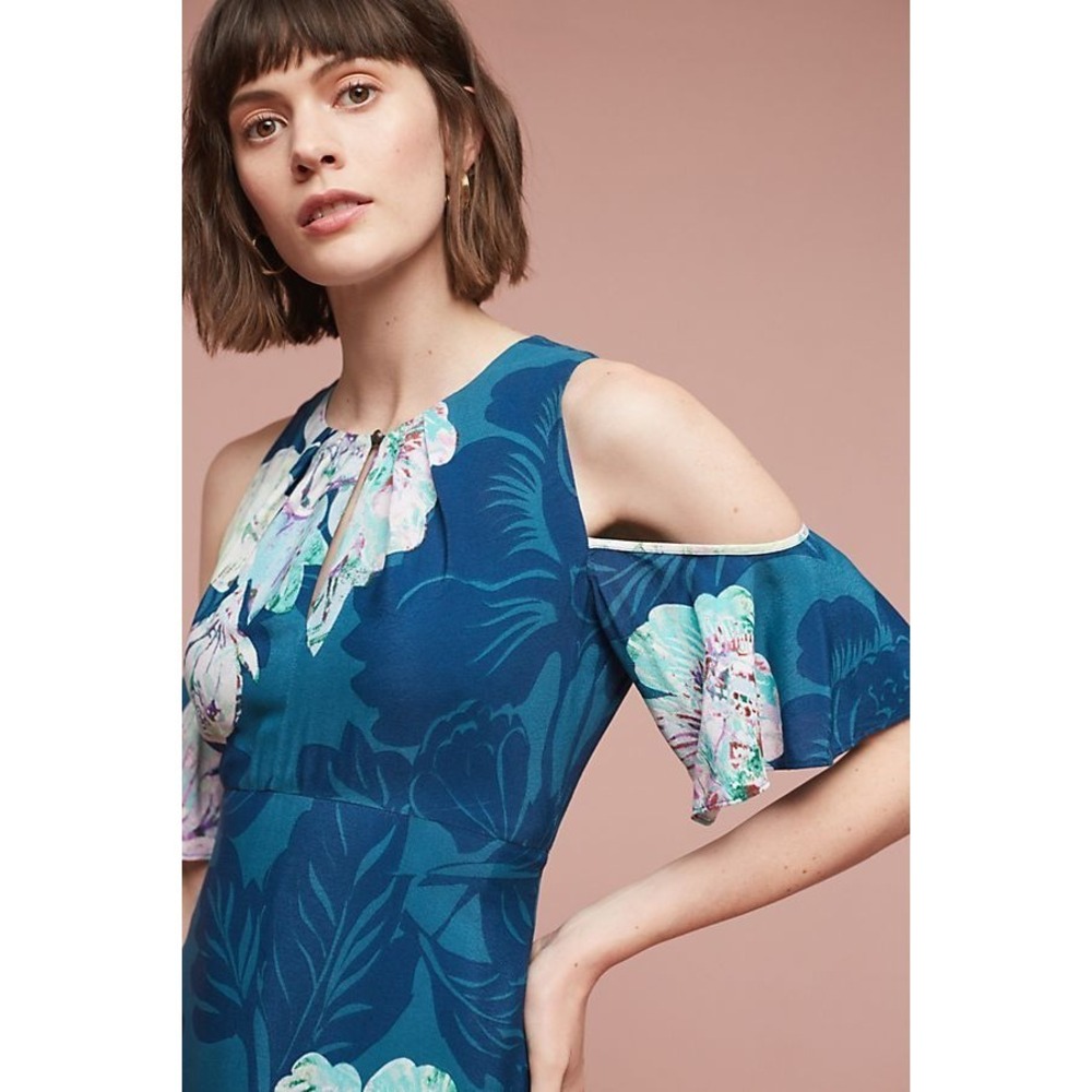Anthropologie Maeve Elia Open Shoulder Dress Blue Floral Lined  Sz 4